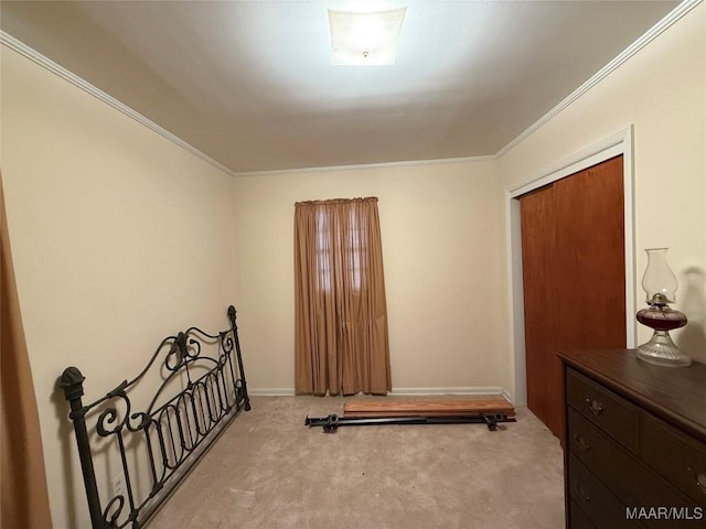 exercise room featuring ornamental molding, carpet, and baseboards