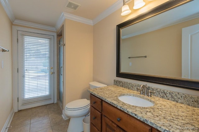 full bathroom featuring toilet, vanity, visible vents, and ornamental molding