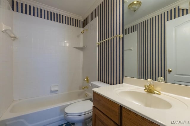 bathroom featuring crown molding, bathing tub / shower combination, toilet, and wallpapered walls