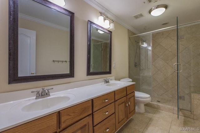 full bath with ornamental molding, a sink, and visible vents