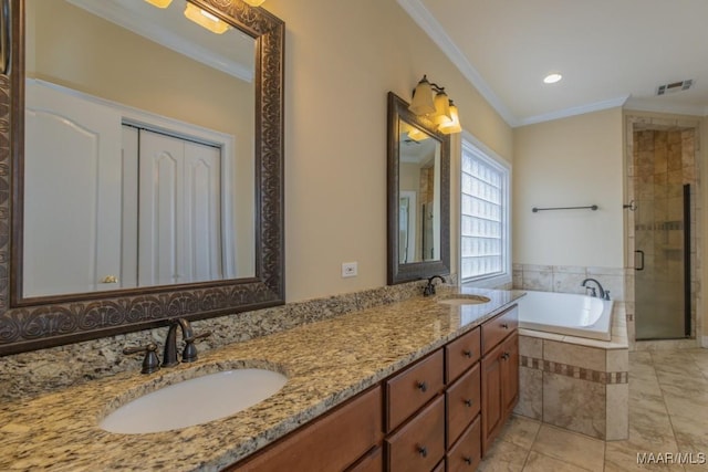 full bath with crown molding, a sink, a shower stall, and a bath