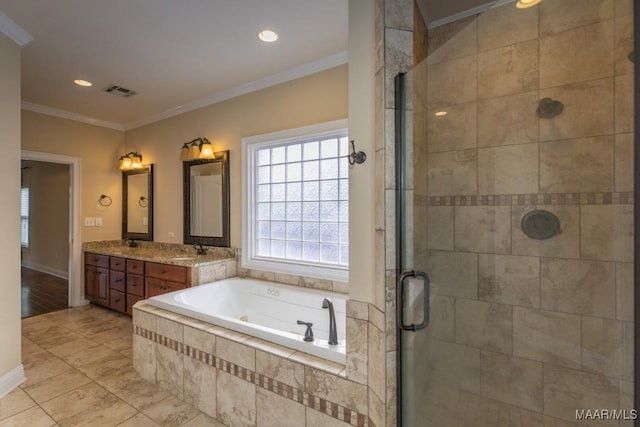 bathroom with visible vents, ornamental molding, a shower stall, double vanity, and a tub with jets