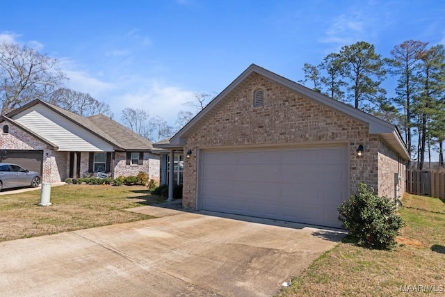 single story home with concrete driveway, brick siding, a front lawn, and an attached garage