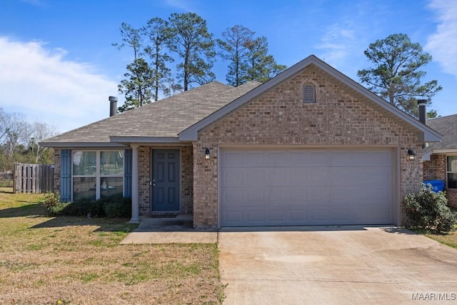 ranch-style house featuring an attached garage, brick siding, fence, concrete driveway, and a front lawn