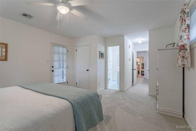 bedroom with baseboards, visible vents, a ceiling fan, and light colored carpet