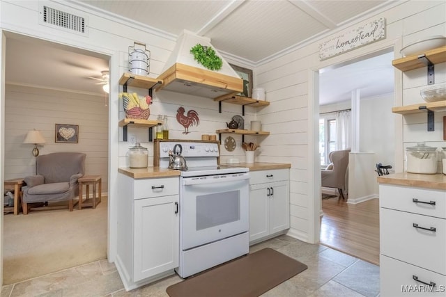 kitchen featuring white electric stove, wood counters, visible vents, open shelves, and crown molding