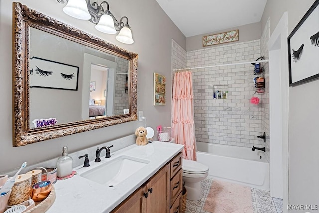 full bath featuring connected bathroom, toilet, shower / tub combo, vanity, and tile patterned floors