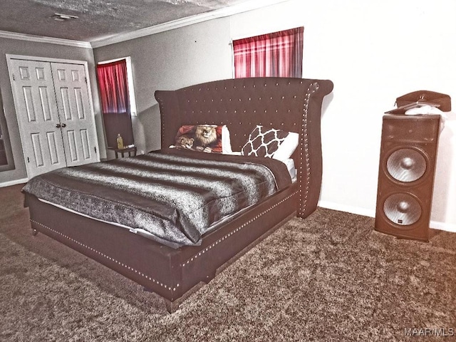 carpeted bedroom featuring crown molding