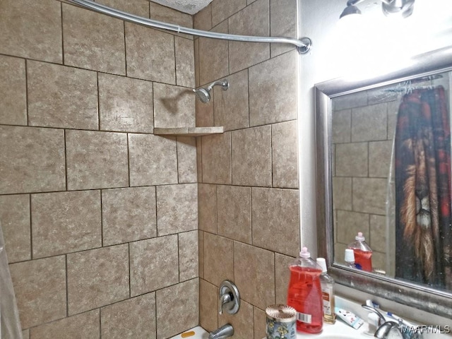 room details with shower / tub combo and a sink