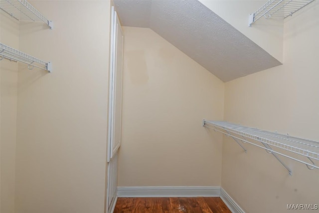 walk in closet with vaulted ceiling and wood finished floors