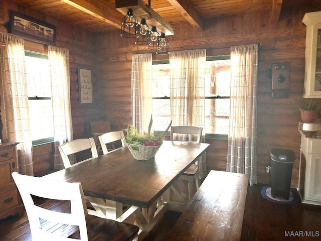 dining space featuring wood ceiling, log walls, and beamed ceiling