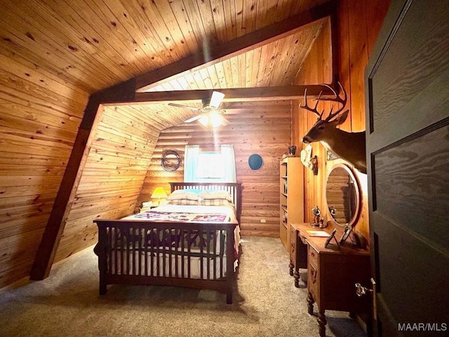 bedroom with lofted ceiling with beams, wooden ceiling, carpet flooring, and wooden walls