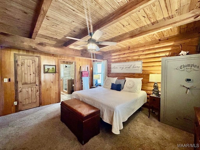 bedroom featuring wooden ceiling, carpet, log walls, and beam ceiling