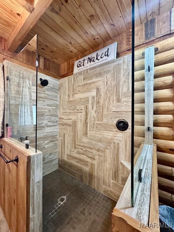 bathroom featuring wooden ceiling, a walk in shower, and a sauna