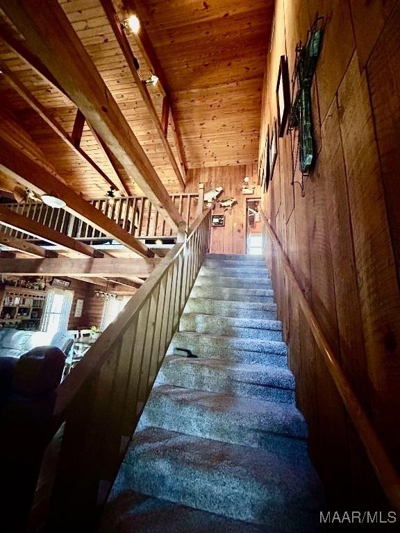 staircase featuring wooden ceiling, beam ceiling, and wooden walls