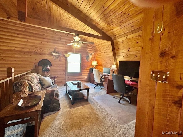 office space featuring lofted ceiling with beams, wooden walls, carpet floors, a ceiling fan, and wood ceiling