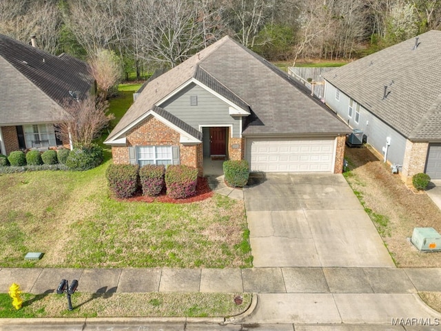 ranch-style house featuring an attached garage, central AC, brick siding, concrete driveway, and a front yard