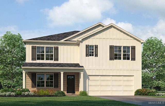 view of front facade featuring a garage, roof with shingles, driveway, and board and batten siding