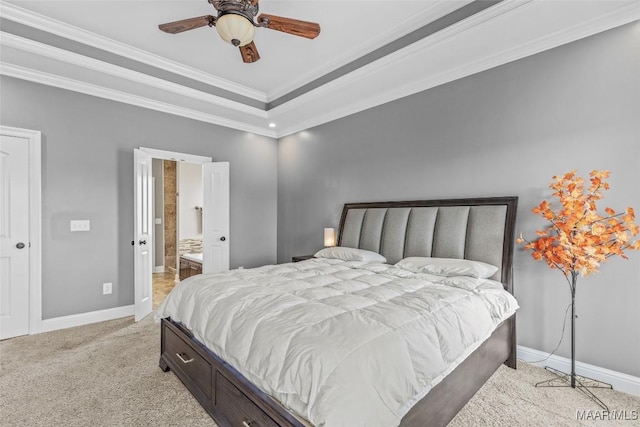 bedroom featuring ornamental molding, light colored carpet, baseboards, and a ceiling fan