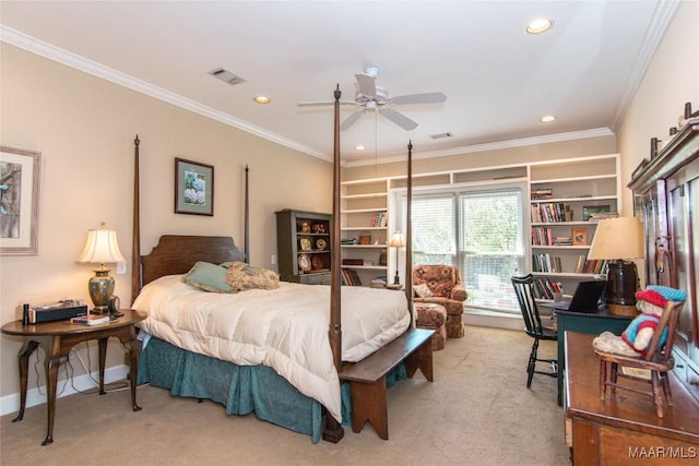 carpeted bedroom with recessed lighting, visible vents, crown molding, and baseboards