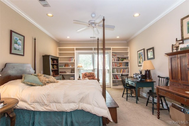 bedroom featuring light carpet, recessed lighting, visible vents, and crown molding