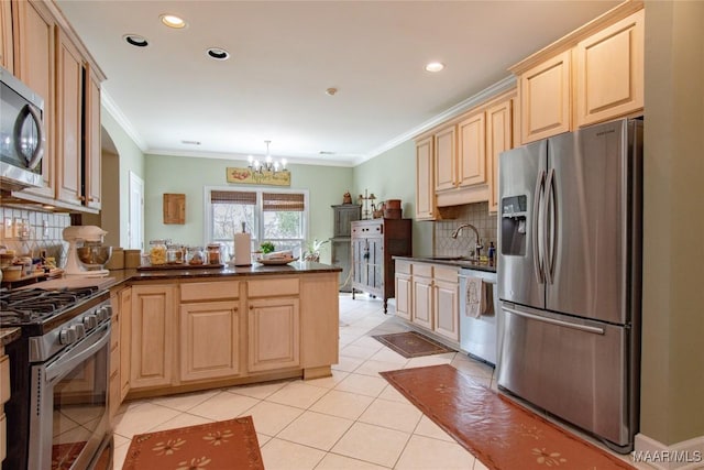 kitchen featuring light brown cabinets, stainless steel appliances, a peninsula, a sink, and crown molding