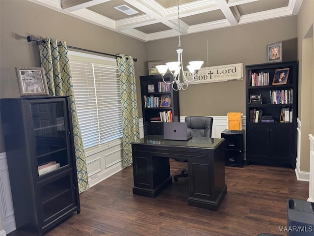 office space with beam ceiling, dark wood finished floors, visible vents, an inviting chandelier, and coffered ceiling