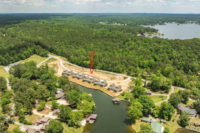 aerial view with a water view and a wooded view