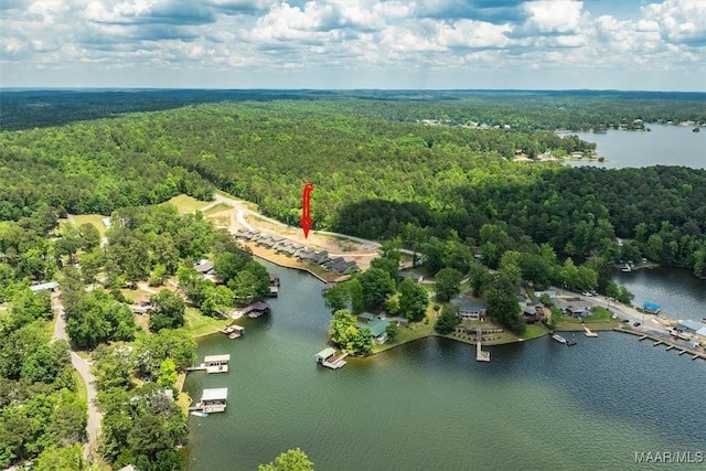 birds eye view of property featuring a water view and a wooded view