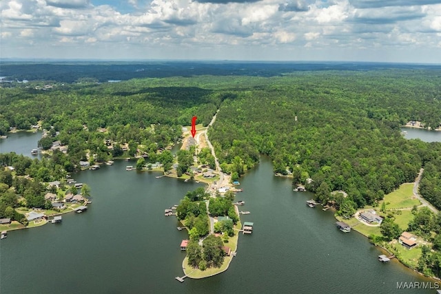 drone / aerial view with a water view and a forest view