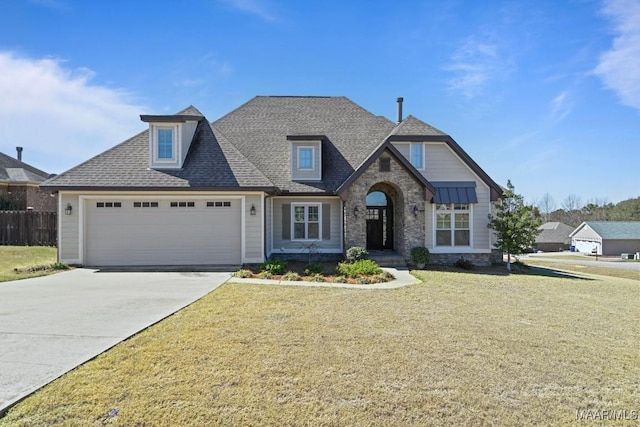 view of front facade featuring a front yard, concrete driveway, roof with shingles, and an attached garage