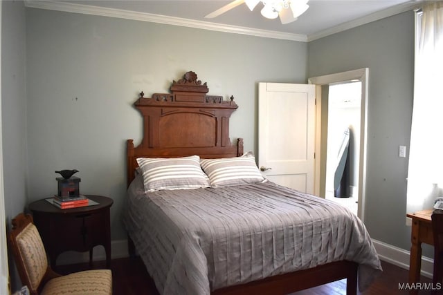 bedroom with ornamental molding, a ceiling fan, baseboards, and wood finished floors