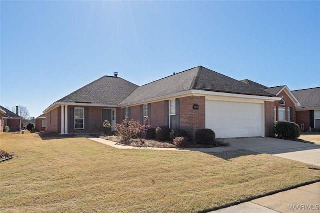 ranch-style home with driveway, brick siding, a shingled roof, an attached garage, and a front yard