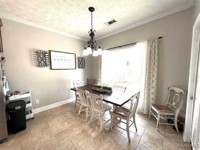 dining area featuring baseboards, visible vents, a textured ceiling, crown molding, and a chandelier