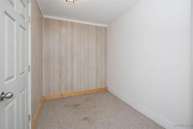 carpeted spare room featuring wood walls, a textured ceiling, and baseboards