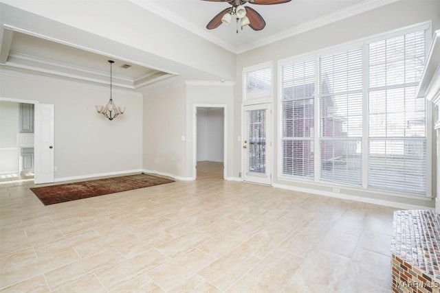 unfurnished living room featuring baseboards, visible vents, a raised ceiling, ornamental molding, and ceiling fan with notable chandelier