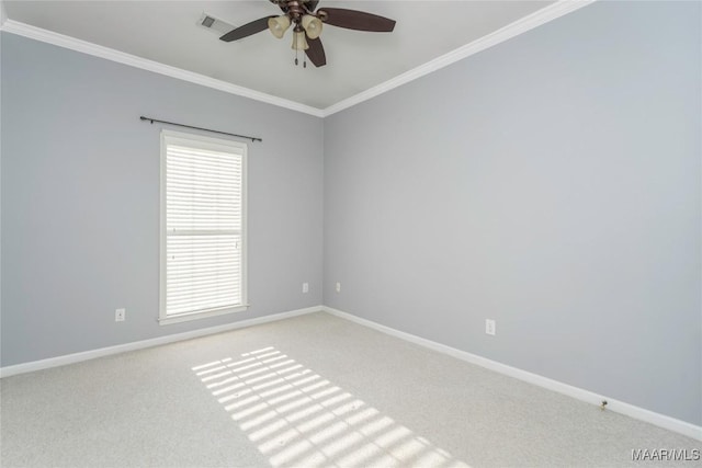 unfurnished room with light carpet, baseboards, and crown molding