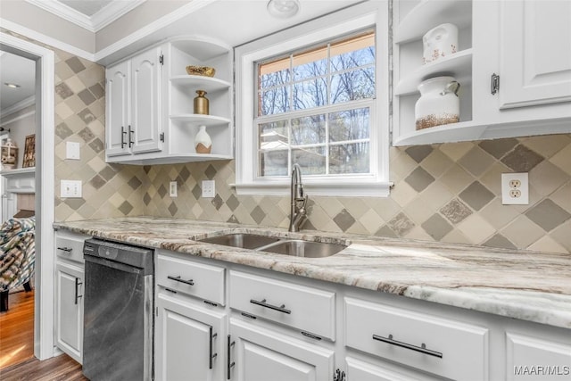 kitchen with a sink, white cabinetry, ornamental molding, dishwasher, and open shelves