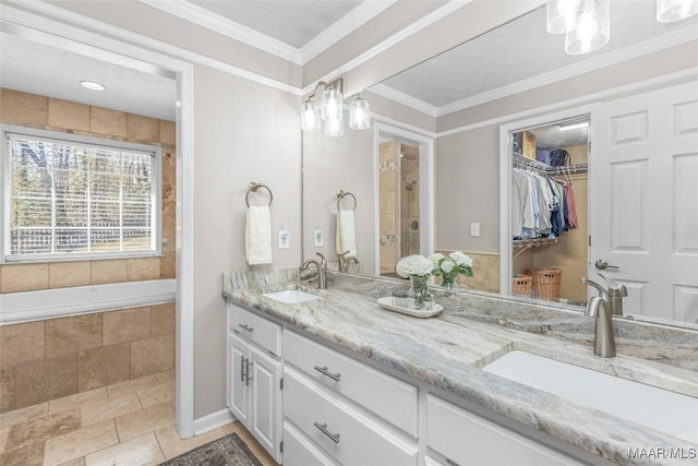 bathroom with ornamental molding, a sink, a spacious closet, and double vanity