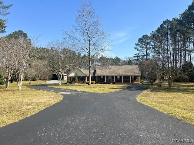 ranch-style house with driveway and a front lawn