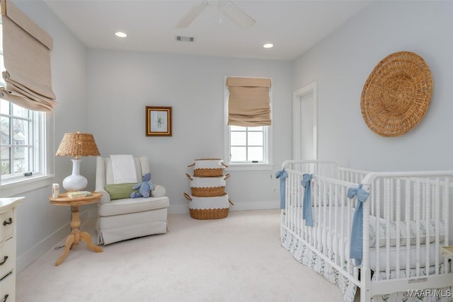 7808 Ebury St, Montgomery, AL 36116 - bedroom featuring recessed lighting, a ceiling fan, visible vents, a crib, and carpet
