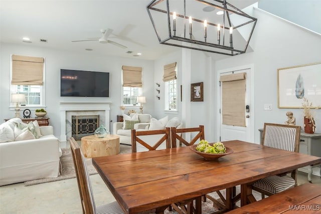 7808 Ebury St, Montgomery, AL 36116 - dining area featuring ceiling fan, a fireplace, visible vents, and recessed lighting