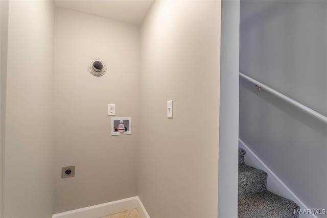 washroom featuring hookup for a washing machine, laundry area, carpet floors, baseboards, and electric dryer hookup