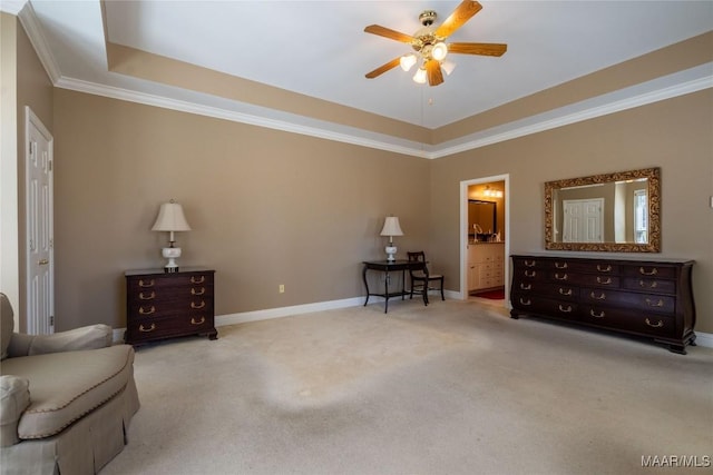 living area with baseboards, carpet floors, a ceiling fan, and crown molding