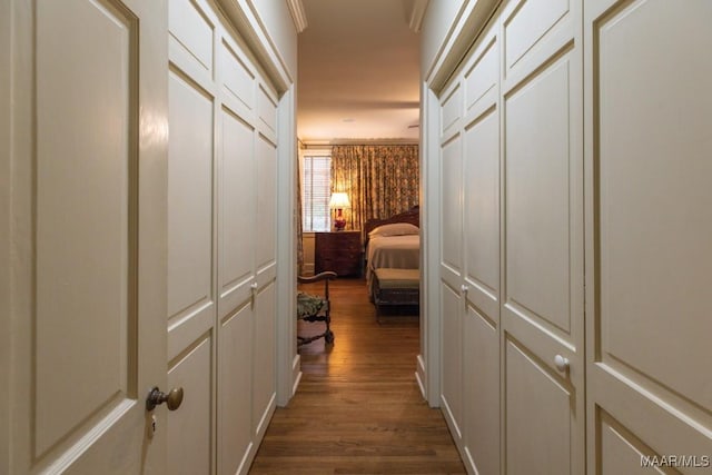 hallway with crown molding and dark wood-type flooring