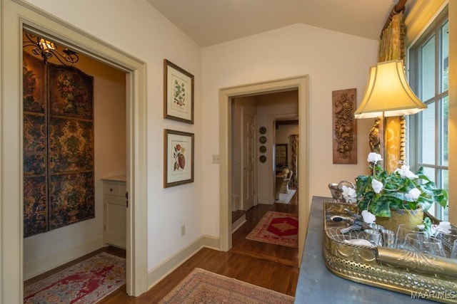 hall featuring lofted ceiling, baseboards, and wood finished floors