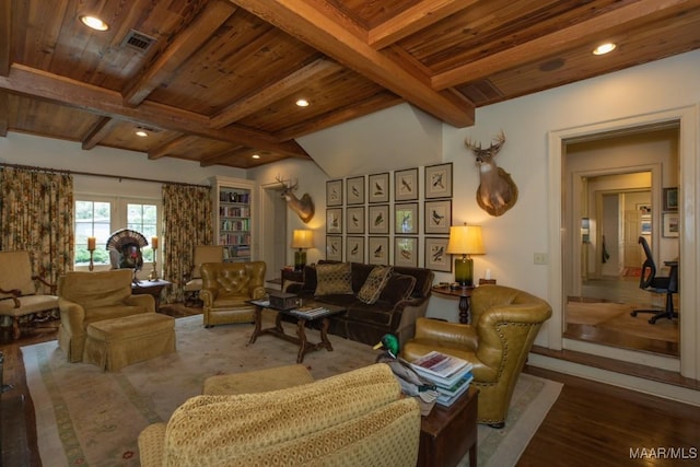 living area featuring recessed lighting, wood finished floors, visible vents, wood ceiling, and beam ceiling