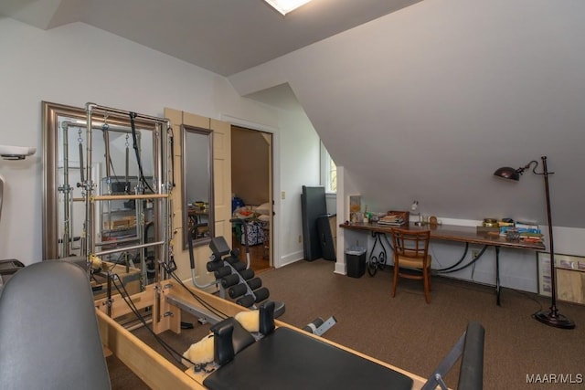 exercise room featuring lofted ceiling and carpet flooring