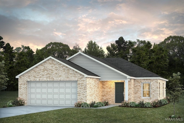 ranch-style house featuring brick siding, a shingled roof, concrete driveway, a garage, and a front lawn