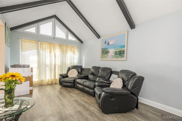 5217 W Shades Valley Dr, Montgomery, AL 36108 - living area featuring high vaulted ceiling, baseboards, wood finished floors, and beamed ceiling